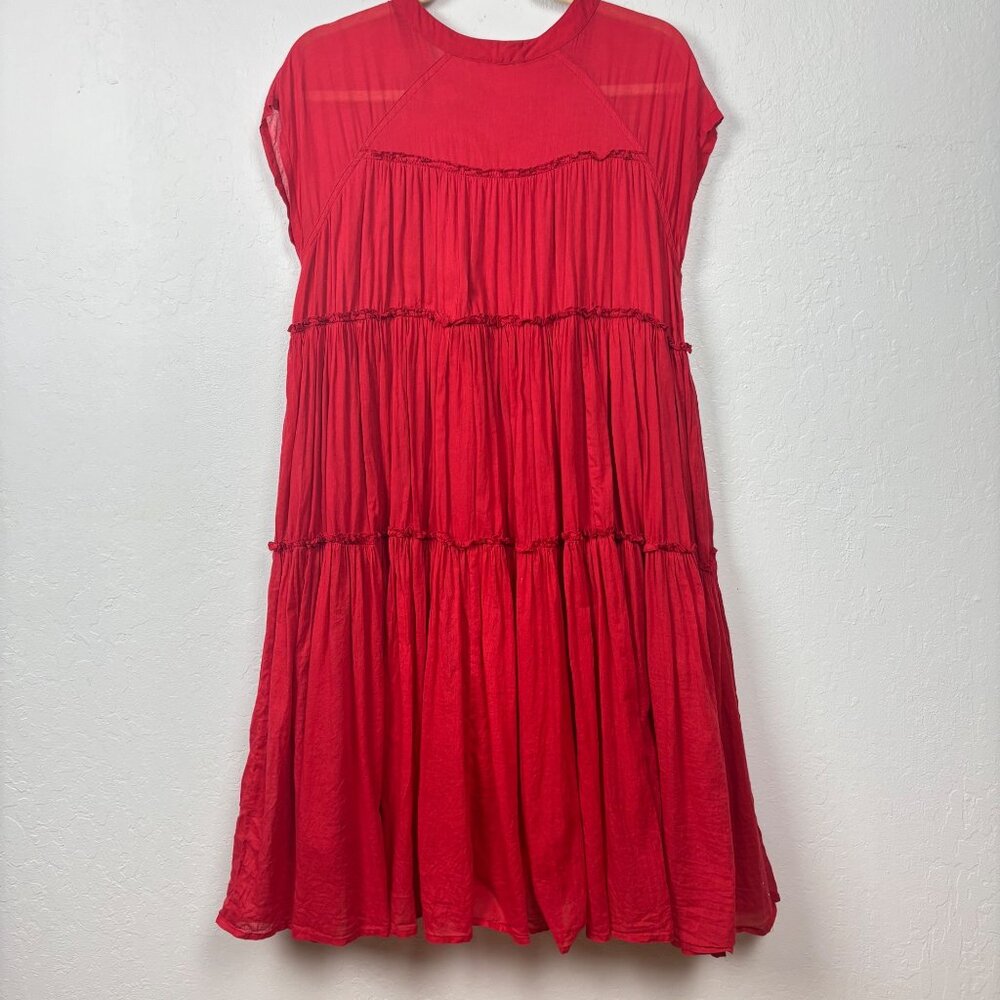 Holiday S Red Tiered Midi Dress Gauzy Lagenlook Empire Waist 100% Cotton - Picture 4 of 4